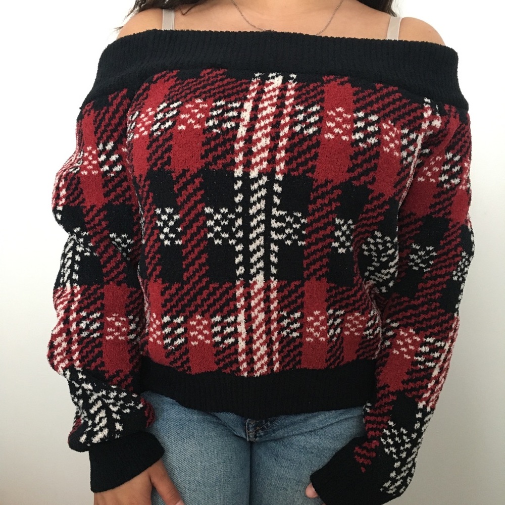 off the shoulder plaid sweater